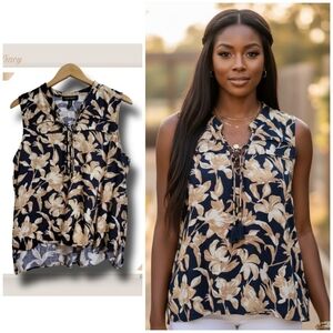 🌿Ellen Tracy Women's Medium Linen Blend Black Tan Floral Sleeveless Top